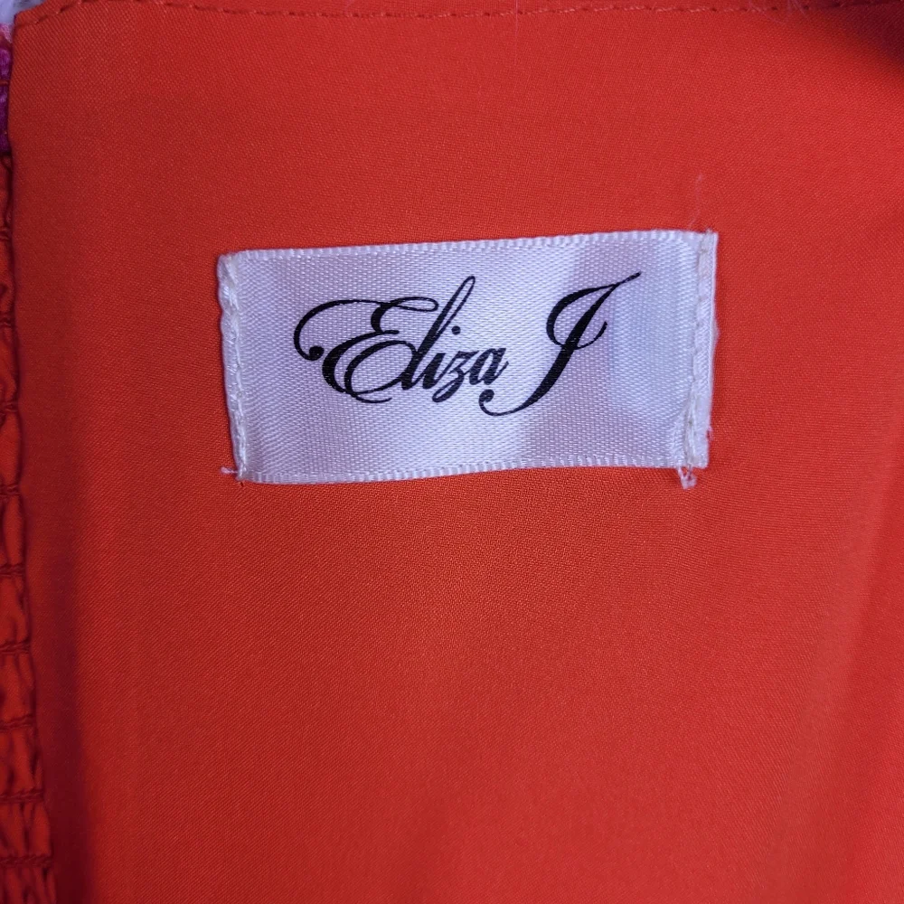 Eliza J Med Orange Floral Asymmetrical Midi Strappy Dress Smocked Tie Flowy - Picture 6 of 10
